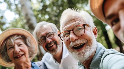 Happy elderly friends taking cheerful selfie together fun day out park