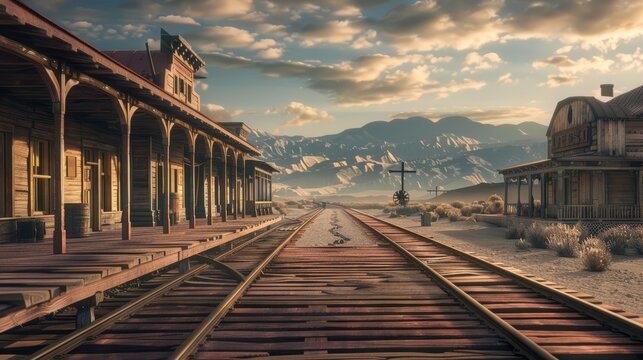Old Wild West train station with wooden platforms