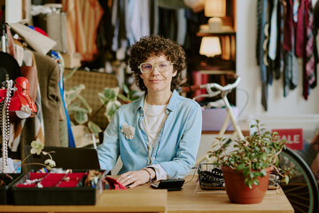 Portrait of woman sitting at desk in a cozy clothing shop surrounded by garments and accessories, offering a warm and welcoming environment, wearing eyeglasses and smiling