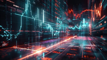 Virtual business losses, futuristic price drops, neon visualization of holographic economic downturn. Generative AI.