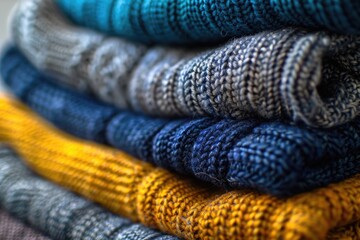 A pile of sweaters stacked high on top of each other