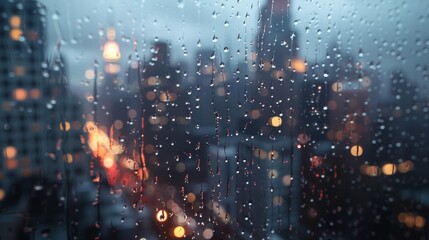 Fototapeta premium Raindrops on a window with a blurred cityscape in the background