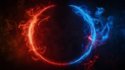 Red and blue neon glow ring with fire flame, particles and smoke on black background. Realistic 3d vector illustration of vs concept abstract frame with hot and cold burn.