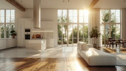 Fototapeta premium A living kitchen. Open plan kitchen with island and living room. Generative AI.