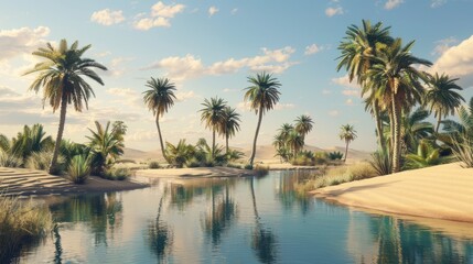 Serene desert oasis with palm trees