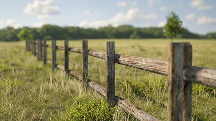 Fototapeta premium Simple wooden fence in an empty meadow