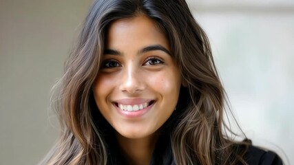 A young woman beams with joy, showcasing her bright smile while enjoying the warm ambiance of a sunlit room