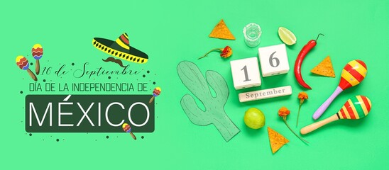 Fototapeta premium Calendar and Mexican symbols on green background. Banner for Mexico's Independence Day