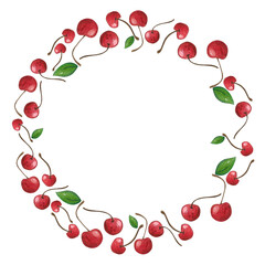 Round frame of cherry. Hand drawn watercolor illustration. For menus, labels, postcards. Berry, frame