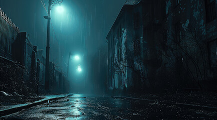 Fototapeta premium City at night in a mysterious and scary environment in a horror. Generative AI.