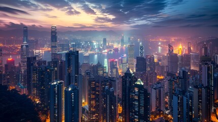 Fototapeta premium Stunning cityscape featuring towering skyscrapers with illuminated facades at twilight,