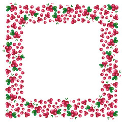 Square frame of lingonberries on a white background. Hand drawn watercolor illustration. Drawing for stickers, labels, packaging. Wild berry, forest, lingonberry, berry