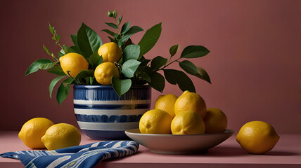 Still life image featuring a collection of lemons. The layout includes a blue and white striped ceramic pot filled with lemons and green leaves, positioned on the left side of the image. 