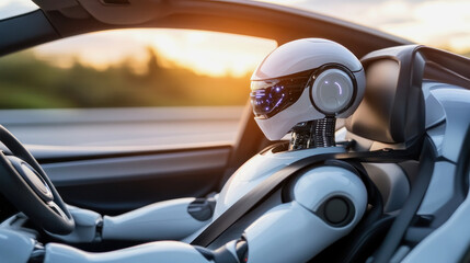 illustration of robotic car driver in a futuristic cockpit