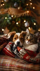 Heartwarming scene  dog and cat snuggle under festive christmas decor in cozy holiday setting