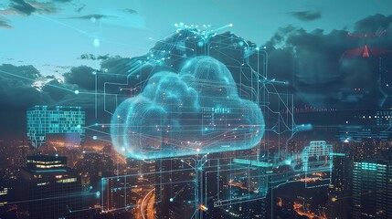 A digital cloud icon hovers over a cityscape at night, representing the power of technology.