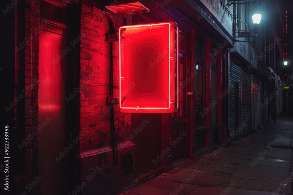 Poster a bright red neon sign hangs from the side of a building, adding a pop of color to the urban landsca