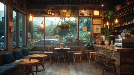 A Cozy cafe interior with warm lighting and wooden furniture. Generative AI.