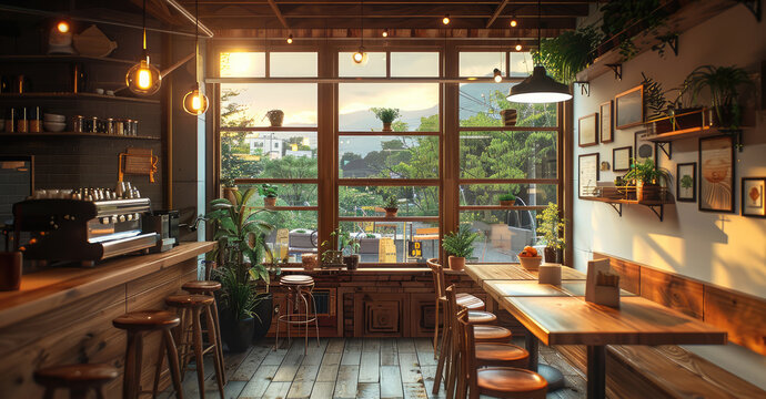 A Cozy cafe interior with warm lighting and wooden furniture. Generative AI.