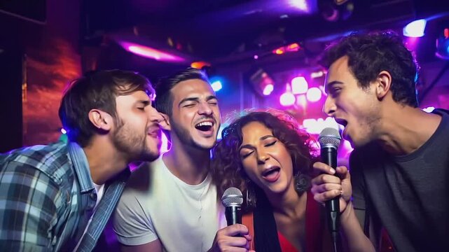 Friends singing karaoke at a  bar