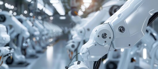 Fototapeta premium White Robot Arms on Automated EV Battery Components.