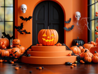 A central empty 3D podium with scenery. Bats fly around, spider webs cover the stage, and candy is scattered near coffins and fangs - all in a red and black color scheme.