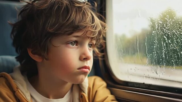 Young teen boy sad face on school bus