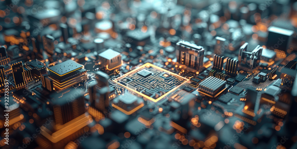 Aufkleber a city landscape made up of computer chips and processors. taken from an elevated position. generati