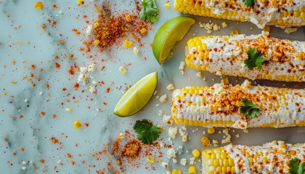 Mouthwatering Elotes, Grilled Mexican Street Corn, with charred cobs, creamy mayonnaise
