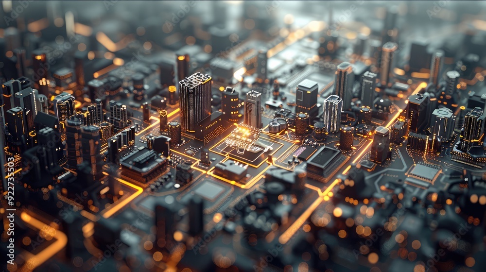 Poster A city landscape made up of computer chips and processors. taken from an elevated position. Generative AI.