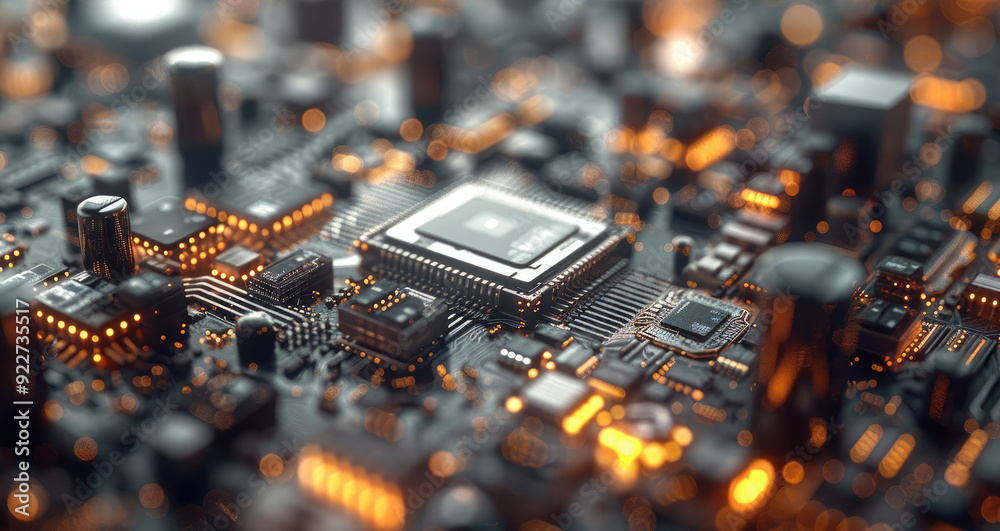 Poster A city landscape made up of computer chips and processors. taken from an elevated position. Generative AI.