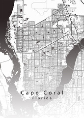 Minimalist white map of Cape Coral, Florida &ndash; A modern map print highlighting infrastructure of the city, useful for tourism purposes

