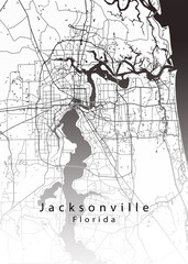 Minimalist white map of Jacksonville, Florida – A modern map print highlighting infrastructure of the city, useful for tourism purposes
