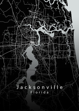 Minimalist black map of Jacksonville, Florida &ndash; A modern map print highlighting infrastructure of the city, useful for tourism purposes
