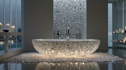 Image showcases a modern, luxurious bathroom with a freestanding oval bathtub as the focal point. The bathtub is uniquely designed with a mosaic of small, round, and oval stones