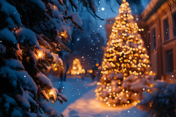 Magical winter night scene with snow-covered trees and warmly lit Christmas trees in the background, creating a festive and serene atmosphere, with soft bokeh lights adding to the dreamlike quality.