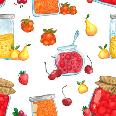 Seamless pattern of cherries and jars of jam. Hand drawn watercolor illustration. For menus, labels, paper, textiles