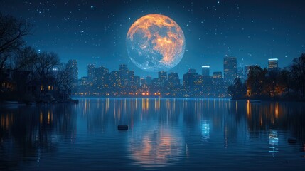 full Cold Moon rises over Boston's skyline, casting a cool glow on the city's buildings. A serene and atmospheric night scene, capturing the beauty of the winter moon against the urban landscape