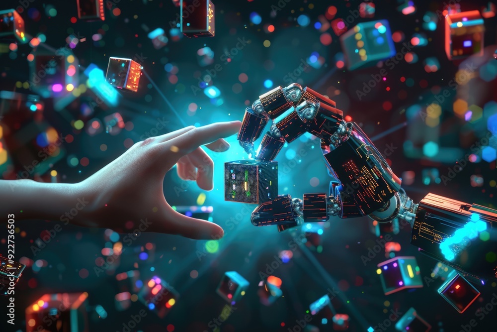 Aufkleber a robot hand extending towards a human hand, potential connection or communication
