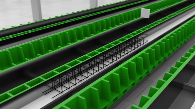 Automated concrete column production line. 3d animation. 4k.