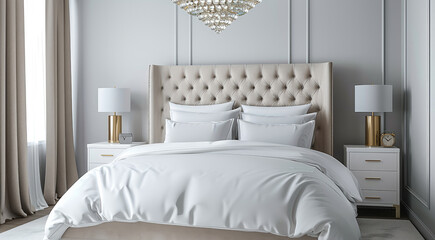 A stylish bedroom with a queen-sized bed featuring a tufted headboard in a soft gray fabric. The bedding is crisp white with gold accents, and there are matching nightstands. Generative AI.