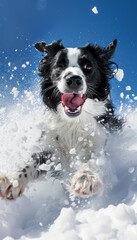 Fototapeta premium Border collie snowboarding with tongue out in lively winter landscape, creating an exciting scene