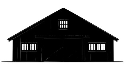 Barn with a large, rectangular structure, a pitched roof, and a set of double doors, vector illustration art