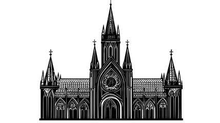 Fototapeta premium Cathedral with towering spire, stained glass windows, detailed stonework, vector illustration art