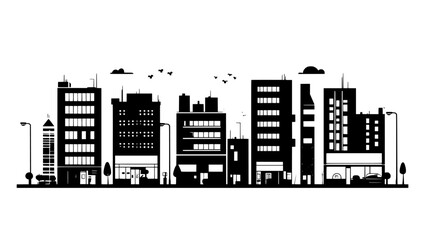 City block with a variety of integrated structures, including shops, offices, and residential areas, vector illustration art