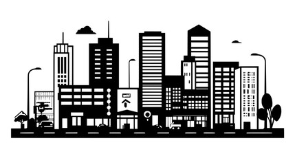 City intersection with tall buildings, streetlights, and a variety of commercial establishments, vector illustration art