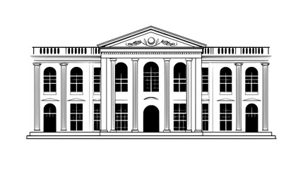 Classical building with columns, detailed cornice, and arched windows, vector illustration art