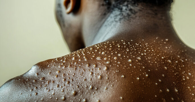 Close up of a black persons back covered in monkeypox rash. Generative ai image