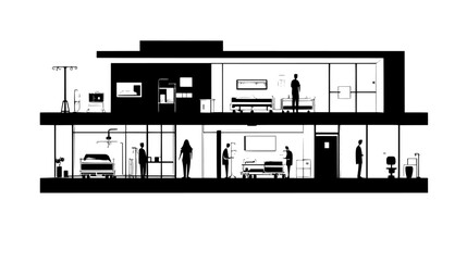 Fototapeta premium Cross-section of a hospital, illustrating patient rooms, operating theaters, and support services, vector illustration art