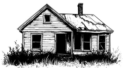 Obraz premium Dilapidated house with sagging roof, boarded-up windows, and neglected yard, vector illustration art